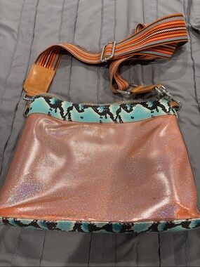 Iridescent Pink Crossbody Bag with Turquoise Snake Trim
